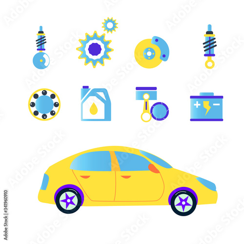 Car repair set icons in flat funny style. Vector graphic illustration