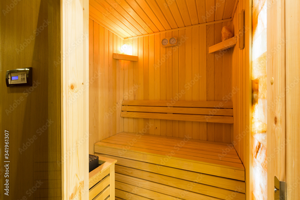 Sauna interior in hotel spa wellness center Sauna interior in hotel spa wellness center