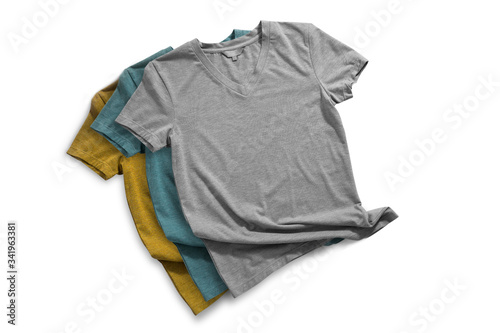 t-shirt design and fashion concept - close up blank grey t-shirt, shirt front isolated.