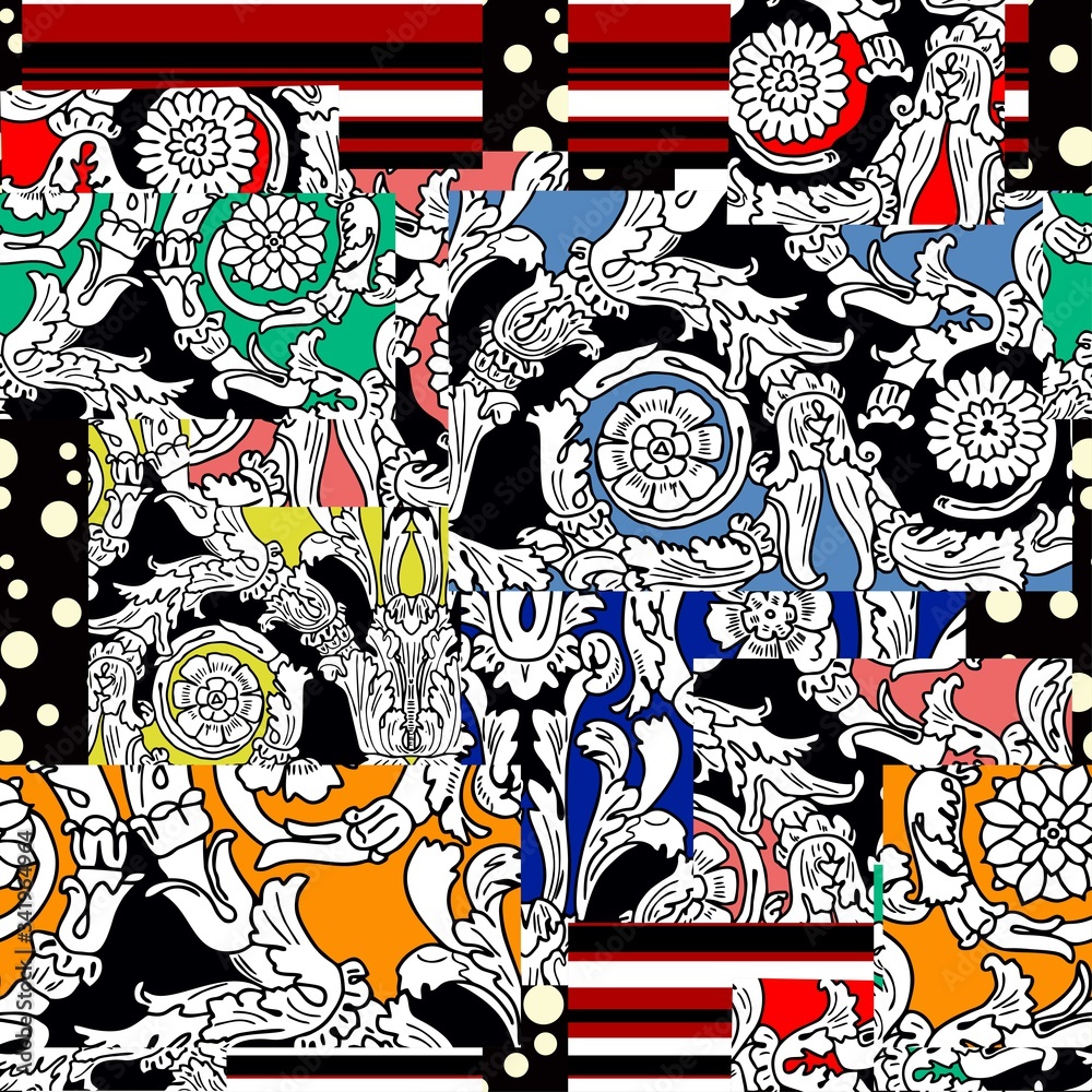 Obraz premium Abstract ethnic spanish patchwork tile wallpaper, vector seamless pattern. Pea patchwork ornament bright flaps with stripes, arabesques, mosaic suitable textiles.