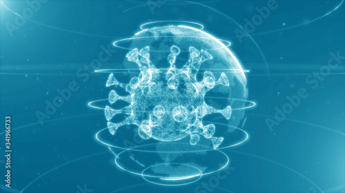 Global epidemic health care media and information network. 3d render of glowing virus model floating over digital background.