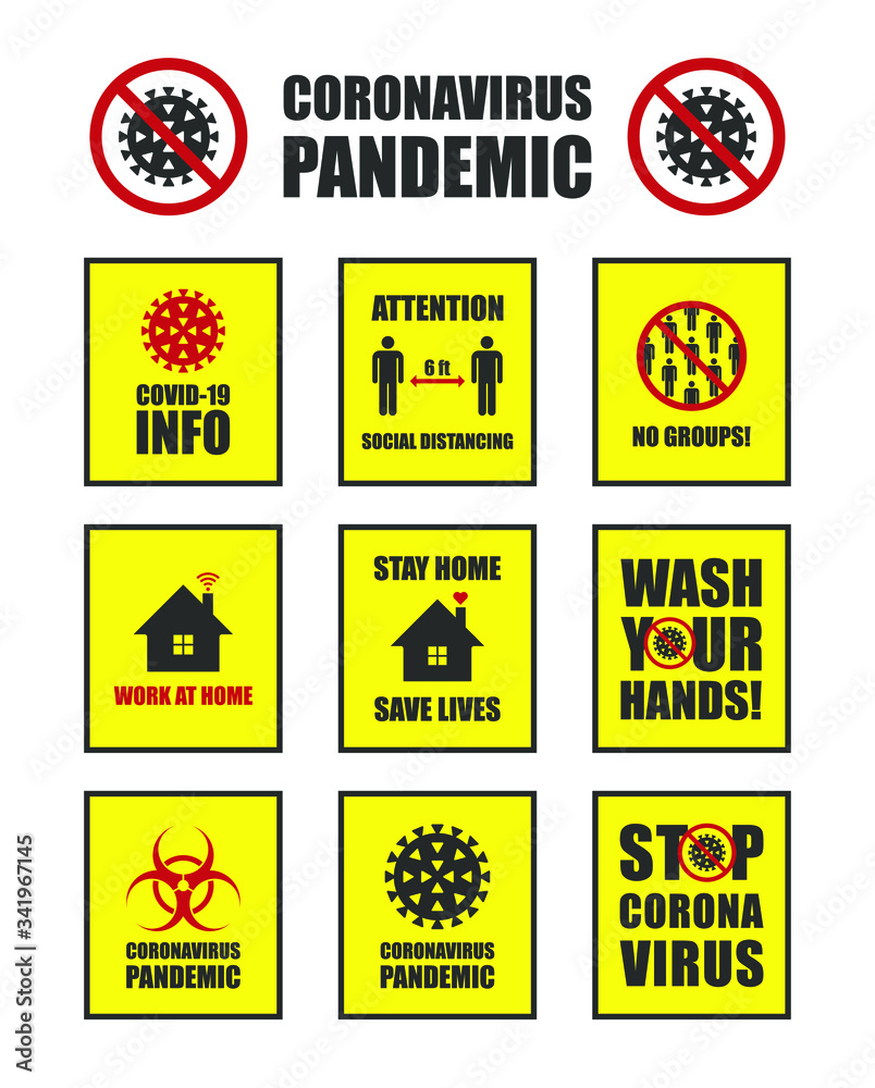 Covid-19 info sign collection. Coronavirus vector icon set. Social distancing, avoid crowds and stop corona virus campaign. Stay and work at home logo. biohazard symbol. Pandemic information poster.