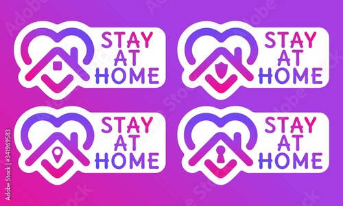 Vector set of abstract illustration Stay Home, house and heart isolated on white background. Stay home concept. Coronavirus covid-19, 2019-nCoV quarantine, sticker, social media, symbol self isolation