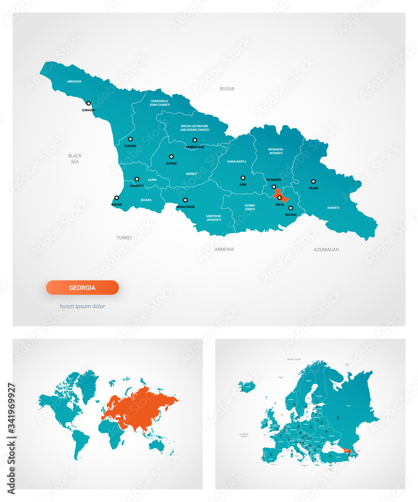 Fototapeta premium Editable template of map of Georgia with marks. Georgia on world map and on Europe map.