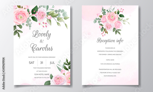 Elegant wedding invitation card template set with beautiful pink roses and green leaves