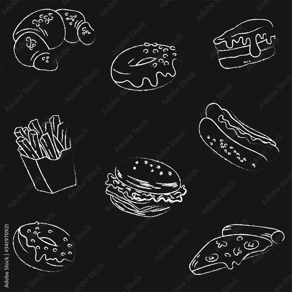 
Fast food in chalk on a black background