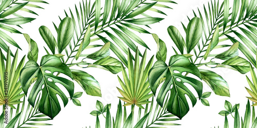 Watercolor tropical seamless pattern. Diagonal stripes in repeat. Exotic palm leaves  monstera  coconut isolated on white. Botanical hand drawn background for surface  textile  wallpaper design