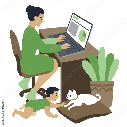 Asian mom working from home. A young Millennial Generation woman working on a laptop, with a baby crawling on the floor playing with a small dog.