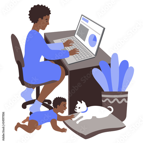 Black mom working from home. A young Millennial Generation woman working on a laptop, with a baby crawling on the floor playing with a small dog.