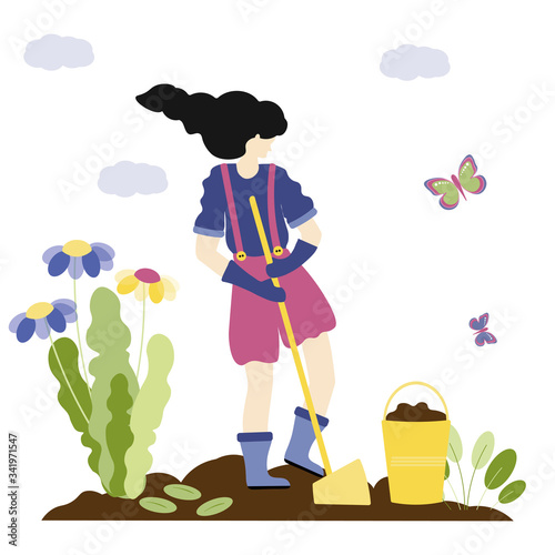 Modern  spring, gardening people concept. Stylish girl with fashionable hairstyle digs the ground with a shovel and plants flowers