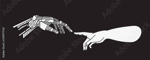 Hands of Robot and Human hands touching with fingers, Virtual Reality or Artificial Intelligence Technology Concept - Hand Draw Sketch Design illustration.