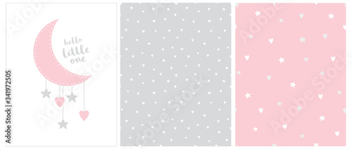 Hello Little One. Lovely Baby Shower Vector Card with Pink Moon and Hanging Stars and Hearts. 2 Seamless Vector Patterns with White and Gray Stars and Moon Isolated on a Gray and Pink Background.