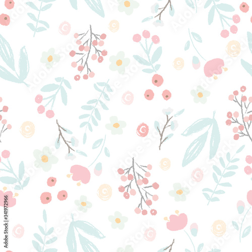 cute hand draw style pastel pink and blue spring tiny little flower and leaf seamless pattern