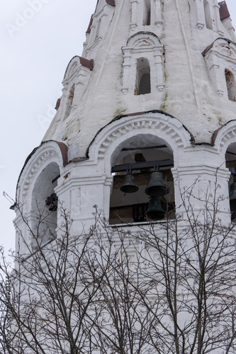 Suzdal/Russia - 02.28.2020: Bells in tower of Pokrovsky women's monastery. Holy Protection convent. Church of Peter and Paul at the Intercession Monastery. The Intercession Cathedral.