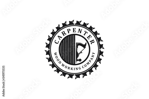 Carpenter circular saw shape with wood plane tool logo design vintage badge style.
