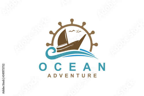 Sailing show ship logo with steering wheel and ocean waves elements.