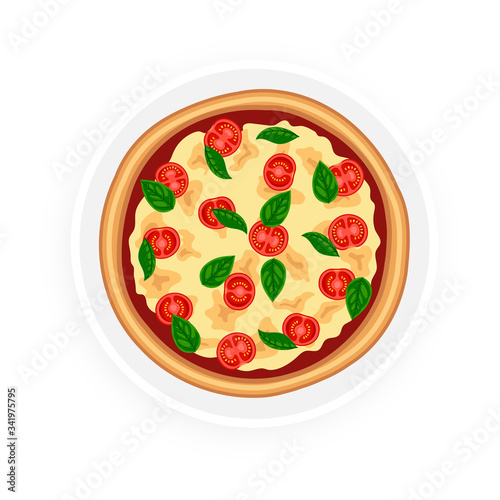 Tasty pizza margherita with tomato, cheese, basil top view on white plate. Flat traditional italian fast food icon. Vector illustration for web, advert, menu