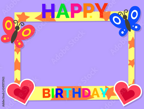 Happy Birthday colorful photo frame template with little hearts and butterflies on lavender background. Greetings and photozone accessories and festive decoration for kids party vector illustration