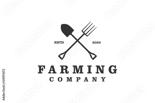 Farming logo fork and shovel silhouette icon, simple minimalis design.