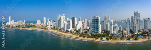 Aerial View of the modern Skyline of Cartagena de Indias in Colombia on the Caribbean coast of South America. Bocagrande district panorama.