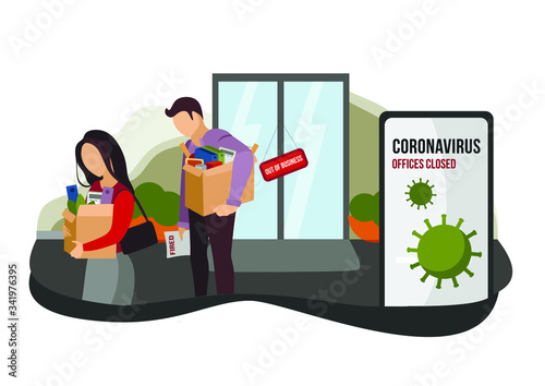 Fired and dismissed people from job. Dismissal, layoff, severance, termination in case of coronavirus or virus COVID-19. Unemployed jobless benefit. Boss dismissed employee. Flat vector illustration.