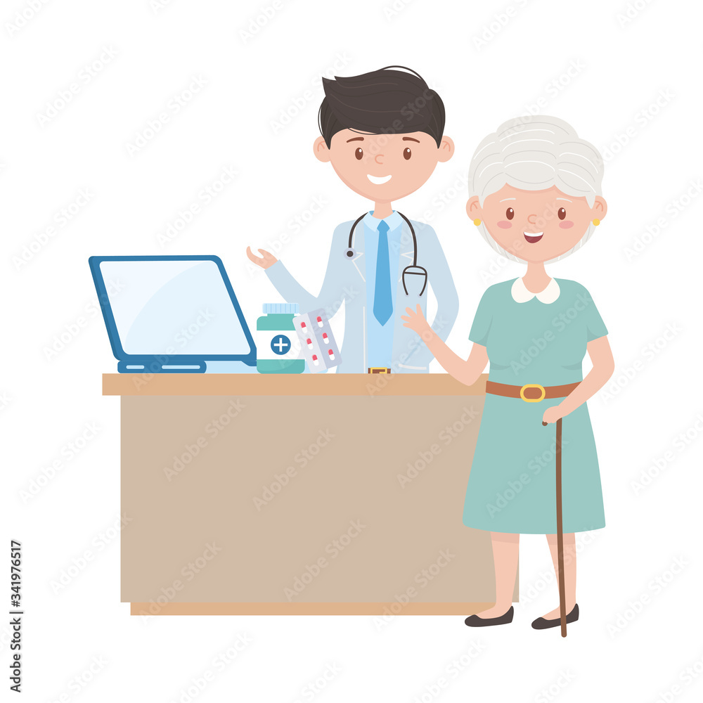 Man doctor and old woman with laptop medicine jar and pills vector design Man doctor and old woman with laptop medicine jar and pills vector design