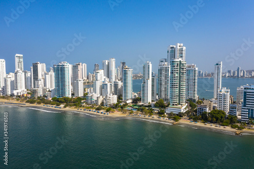 Aerial View of the hotels and tall apartment buildings near the Caribbean coast. Modern City Skyline. © ronedya