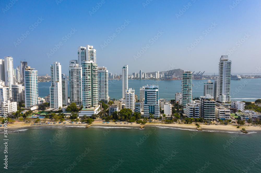 Aerial view of the port from the prestigious Castillogrande district in Cartagena, Colombia.