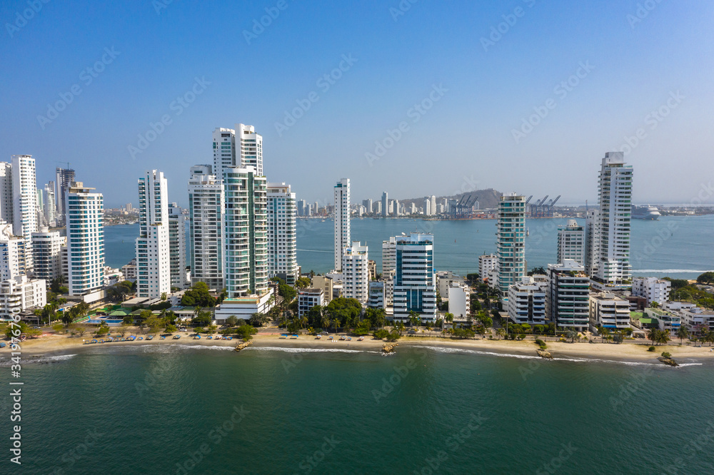 Aerial view of the port from the prestigious Castillogrande district in Cartagena, Colombia. Aerial view of the port from the prestigious Castillogrande district in Cartagena, Colombia.
