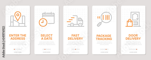 Delivery related vertical cards. Mobile app onboarding screens. Templates for a website. Icons with editable stroke