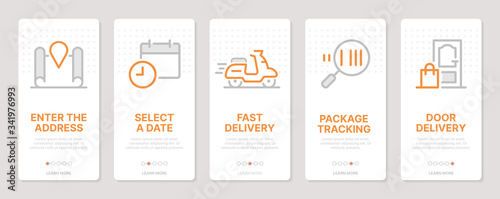 Delivery related vertical cards. Mobile app onboarding screens. Templates for a website. Icons with editable stroke