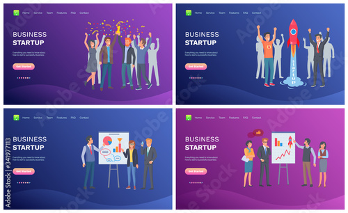 Business startup vector, presentation with ideas of businessman, diagrams and charts with schemes, man and woman successful team working. Website or webpage template, landing page flat style