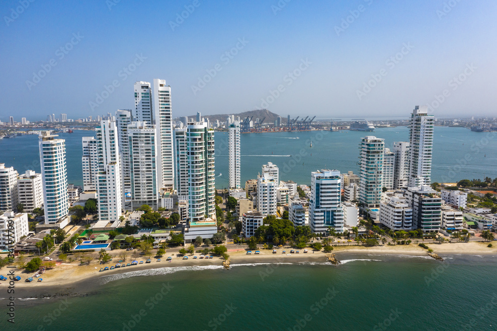 Aerial view of modern skyscrapers, business apartments, hotels in Cartagena, Colombia