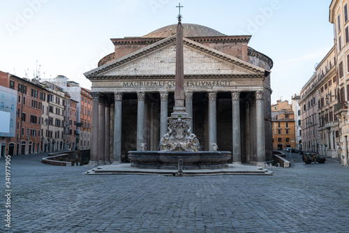 Pantheon square in Rome appears like a ghost city during the covid-19 emergency lock down
