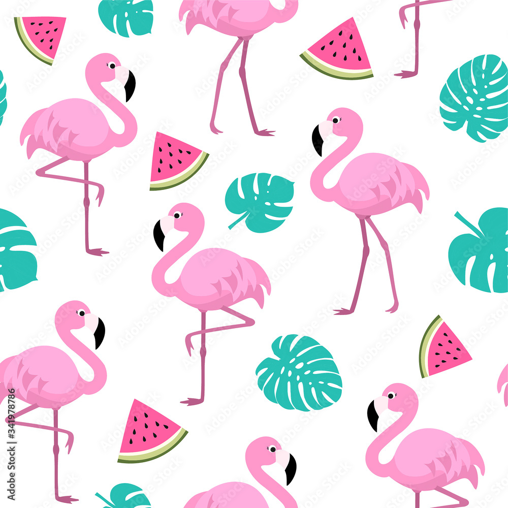 Naklejka premium Summer pattern with flamingos, watermelon and tropical leaves. Vector seamless texture.