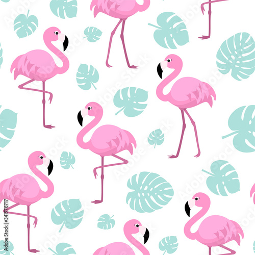 Pattern with flamingos and tropical leaves. Vector seamless texture. © Tayisiya