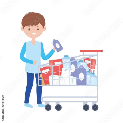 Man shopping with cart and products vector design