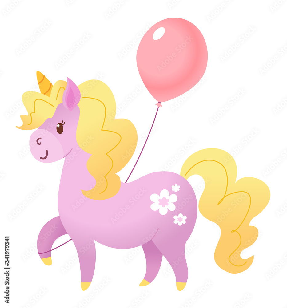 Unicorn with a balloon. Vector illustration.