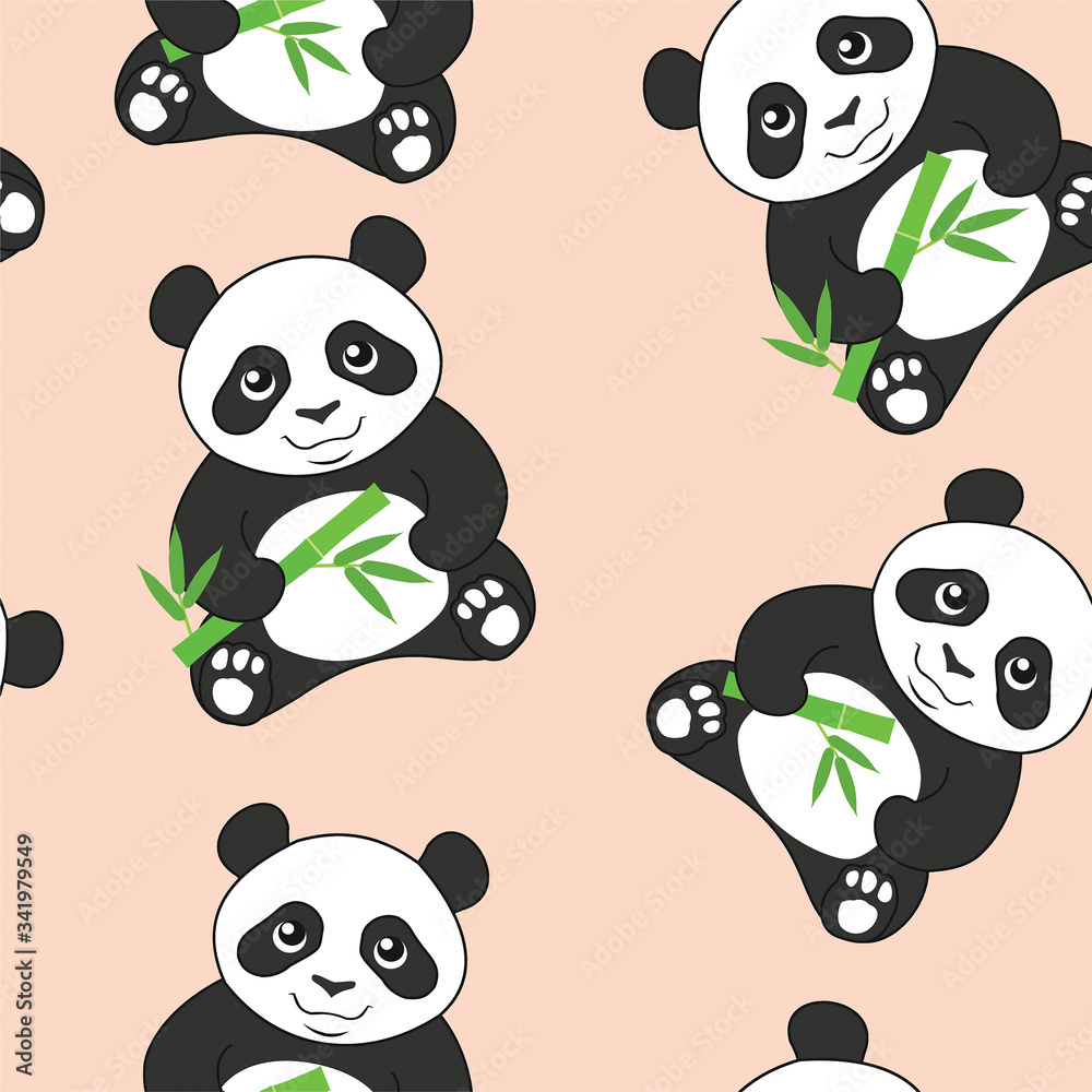 Fototapeta premium Pattern with pandas and bamboo. Vector seamless texture.