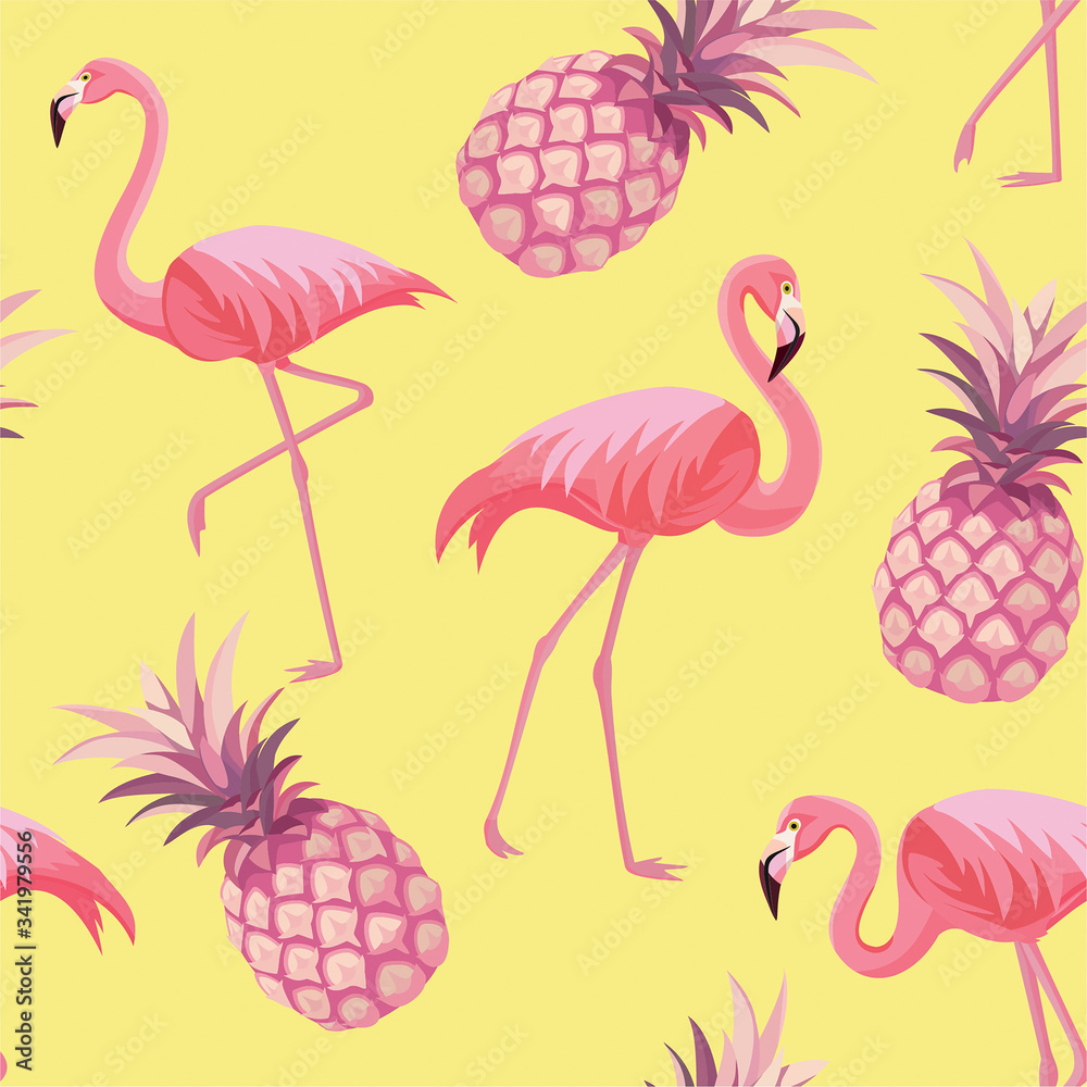 Obraz premium Pattern with flamingos and pineapples. Vector seamless texture.