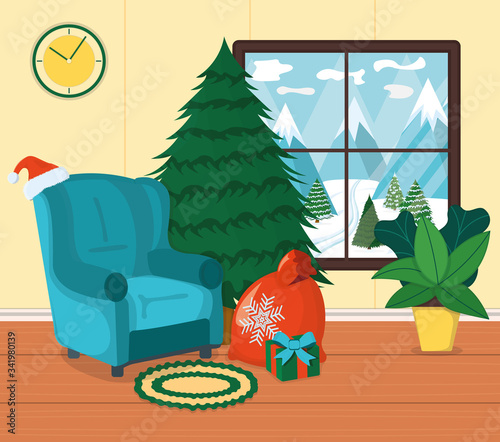 Armchair with carpet, place to sitting and relax cartoon vector illustration. Design interior. New year fir tree, christmas mood with box gift.