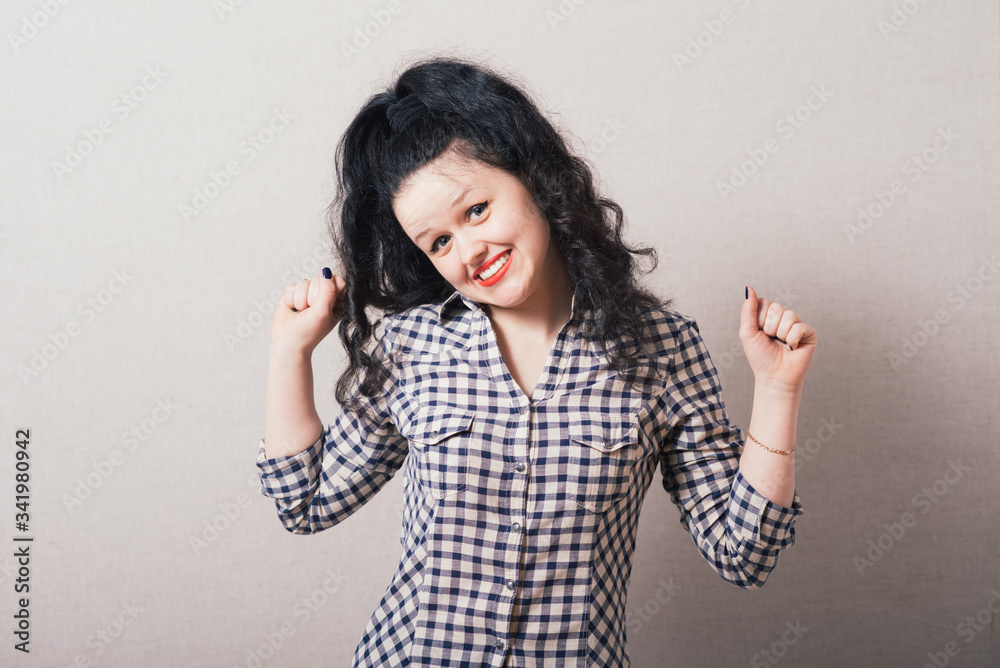 young happy woman with hands up young happy woman with hands up