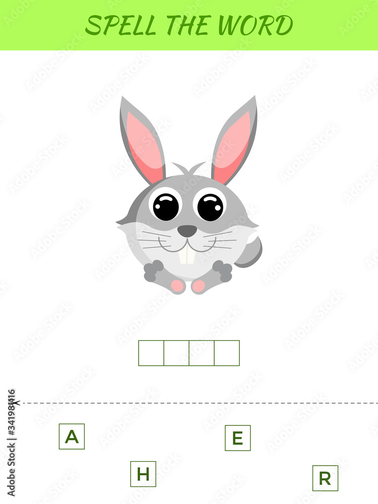 Fototapeta premium Spelling word scramble game template. Educational activity for preschool years kids and toddlers with cute hare. Flat vector stock illustration.