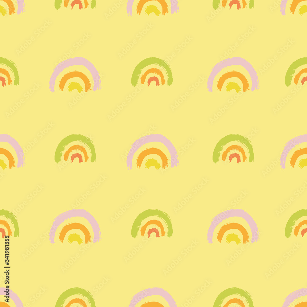 Seamless vector brushstroke geometric line rainbow pattern on yellow background. Hand painted brush texture in pastel tones on yellow background. Surface pattern design. Seamless vector brushstroke geometric line rainbow pattern on yellow background. Hand painted brush texture in pastel tones on yellow background. Surface pattern design.