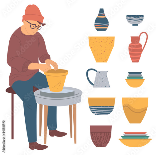 Hobby of person using spinning table with clay vector, interest of character different containers and jars. Handmade products, pottery pastime leisure