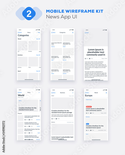 Wireframe UI kit for smartphone. Mobile App UX design. New OS news, categories, articles screens.