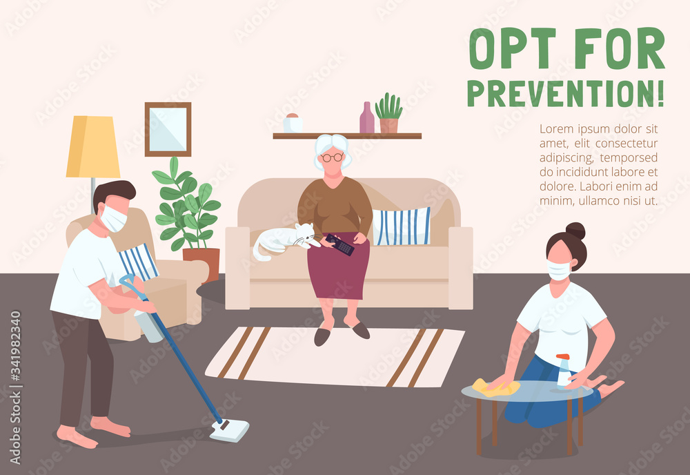 Opt for prevention poster flat vector template. People help elder during quarantine. Brochure, booklet one page concept design with cartoon characters. Family routine flyer, leaflet