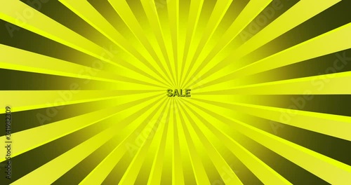 4K looped motion with colorful word SALE against sunburst background