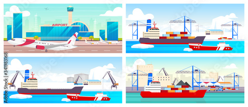 Airport and seaports flat color vector illustrations set. Airline runway, polar stations and shipyard 2D cartoon landscapes. International commercial flights and freight transportation business