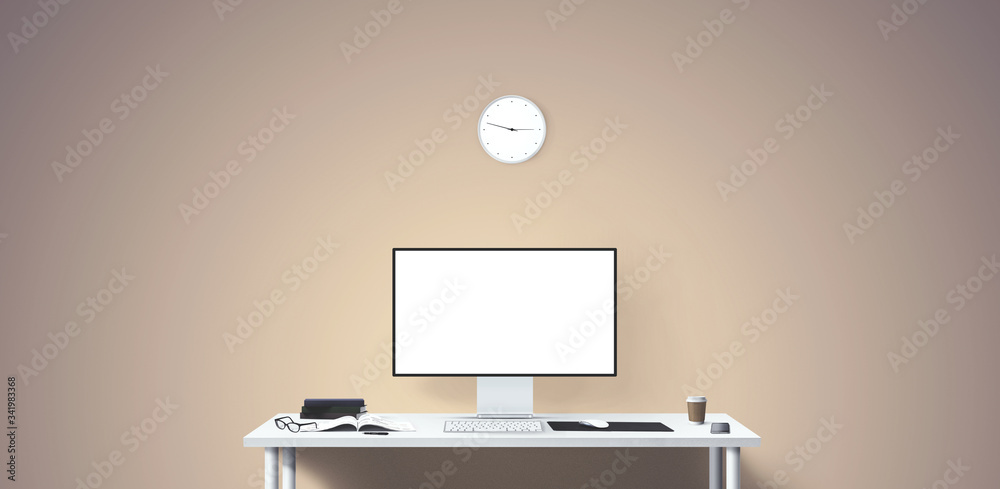 New computer display and office tools on desk. Blank desktop computer screen. Modern creative workspace background. Front view. New computer display and office tools on desk. Blank desktop computer screen. Modern creative workspace background. Front view.